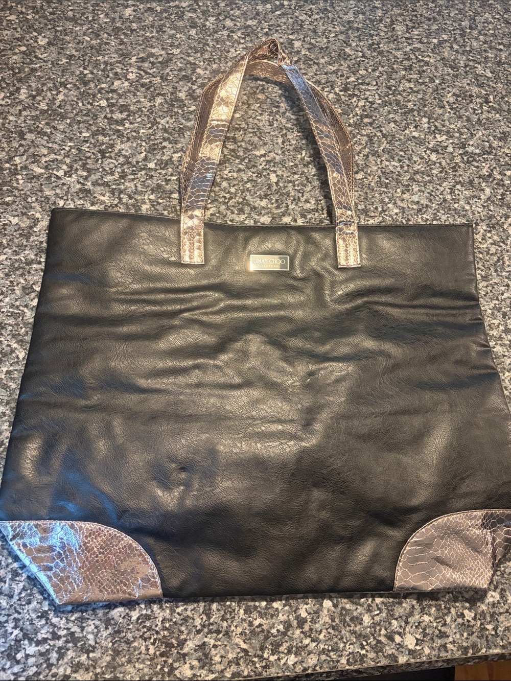 Jimmy Choo Parfums Black Leather Tote with Taupe Snake-Print Accents